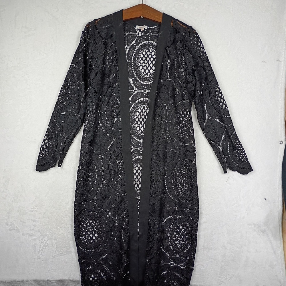 A.Peach Black Crochet Lace Duster Cardigan Long Sleeve Open Front Size M